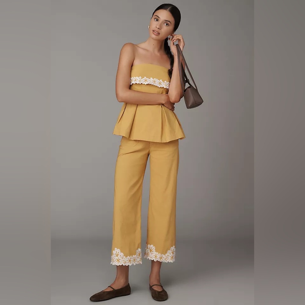 NWT Anthropologie Mustard Yellow Colette Embroidered Crop Wide-Leg Pants 30Tall